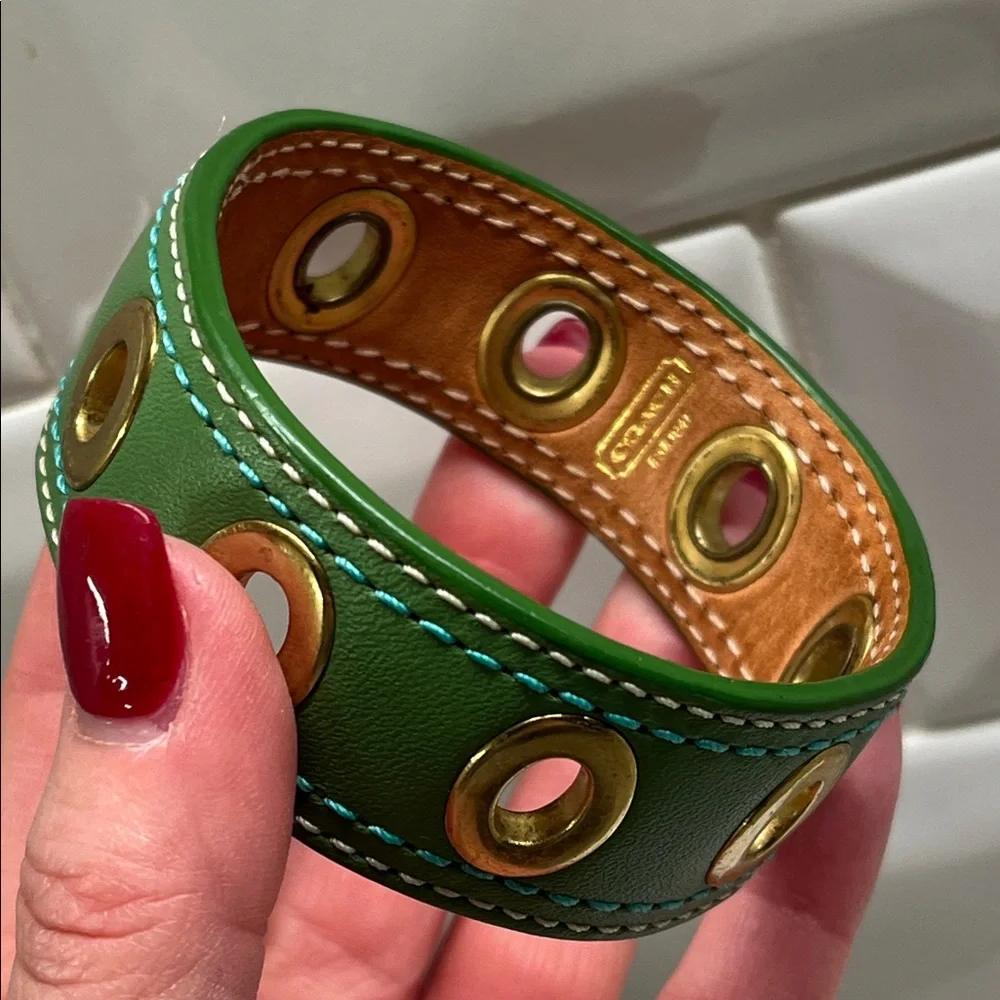 Coach Green Leather with Grommets Bangle Bracelet EUC - Picture 3 of 6